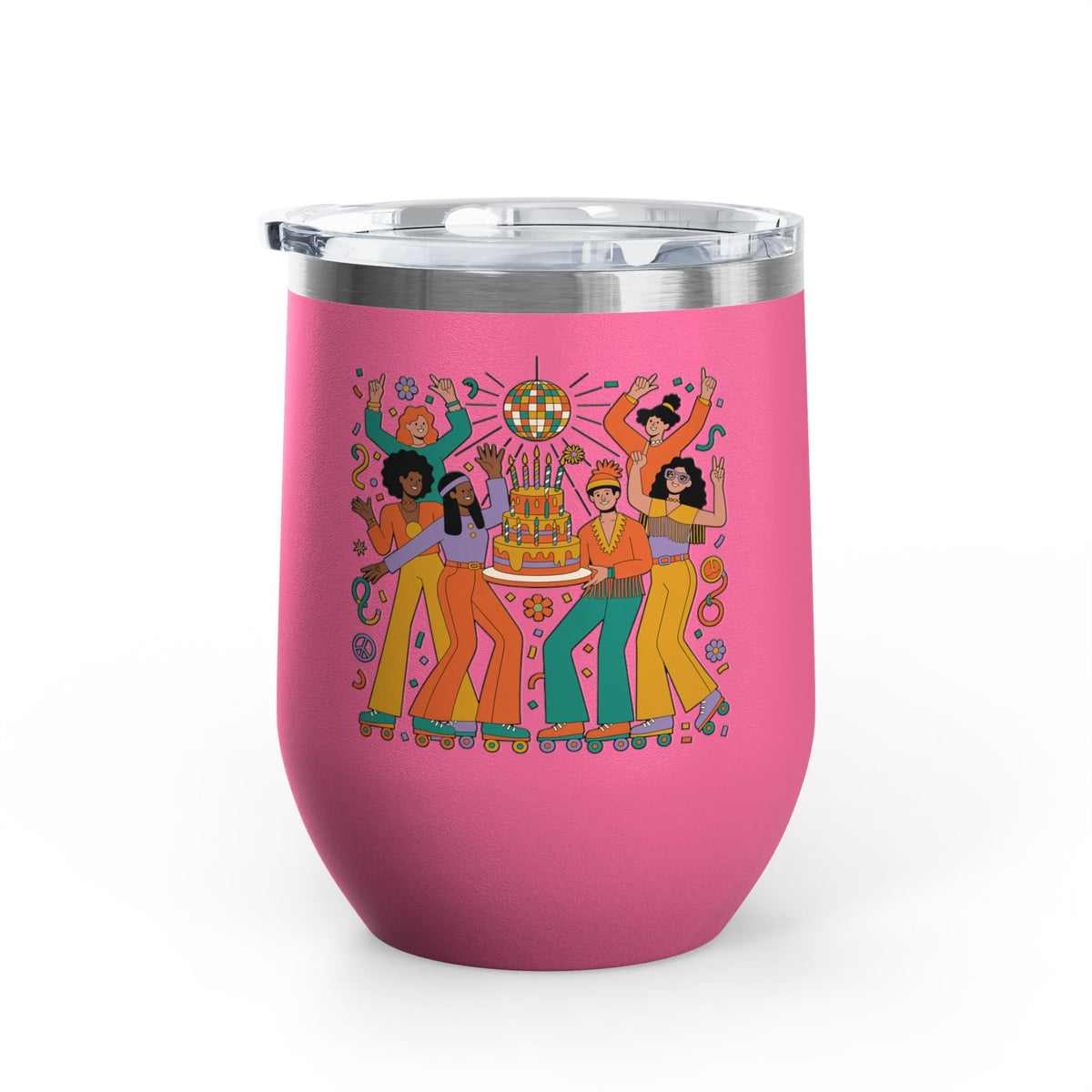 Retro Disco Birthday Wine Tumbler, 70s Roller Skating Party Design, Groovy Drinkware Gift for a Skater Friend Who Loves Vintage Aesthetics