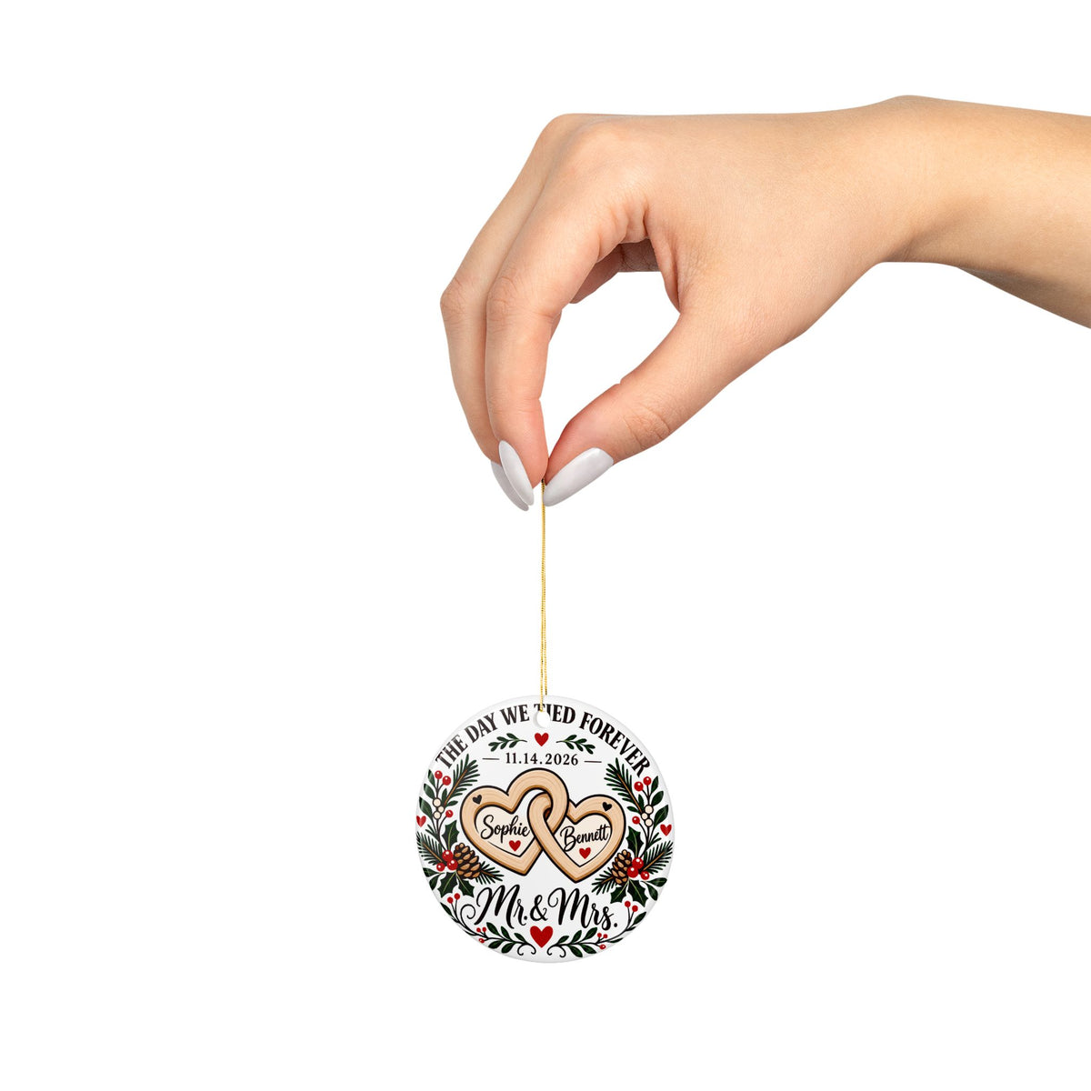Personalized Wedding Christmas Ornament, Heart Design with Couple Names and Wedding Date, Mr and Mrs Holiday Keepsake Gift for Newlyweds