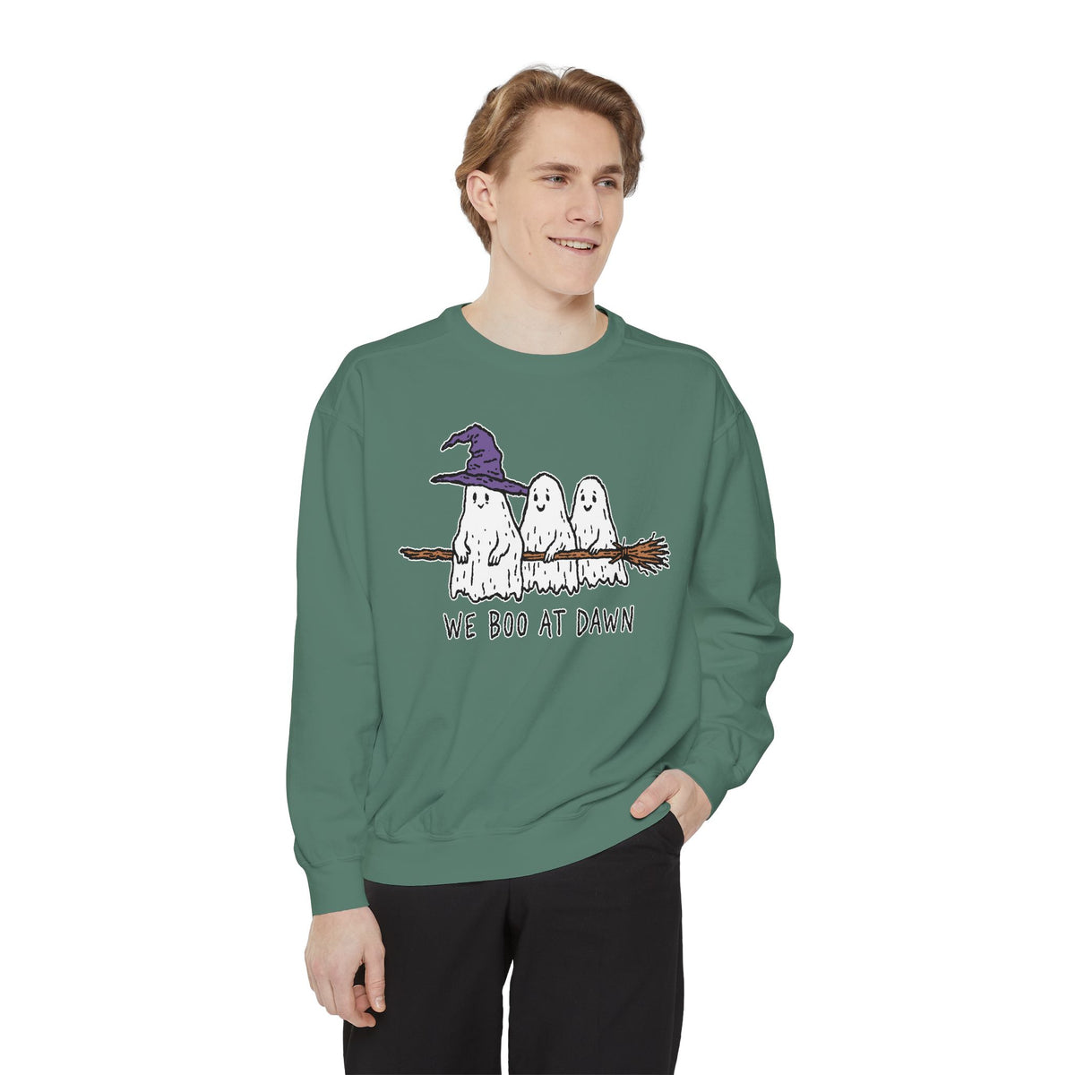 We Boo at Dawn Ghost Sweatshirt, Funny Halloween Witch Broom Pullover, Cute Spooky Season Gift for Friends and Ghost Lovers, October Outfit