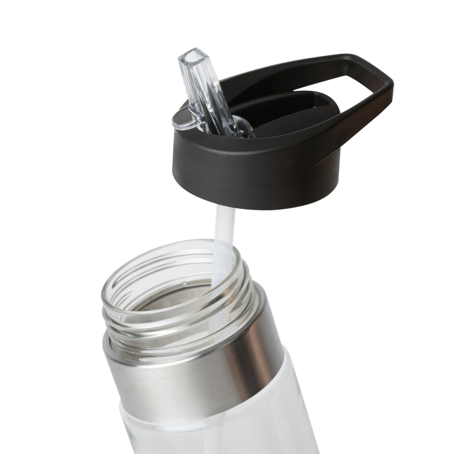 Clear plastic water bottle with a black flip lid and a straw, printed with the name Theo in black handwriting among cartoon dinosaurs, each one labelled with its own species name.