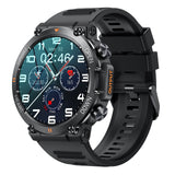 Black round smart watch with a multi-dial digital face showing time, steps, and heart rate, with orange accent buttons.
