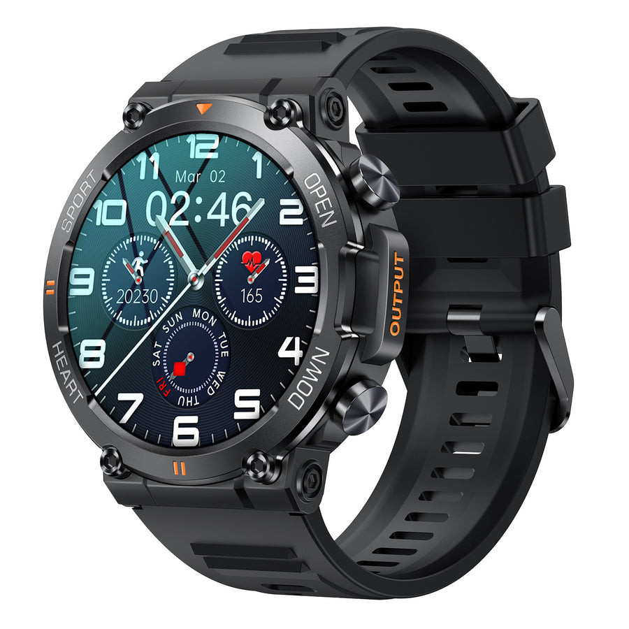 Black round smart watch with a multi-dial digital face showing time, steps, and heart rate, with orange accent buttons.
