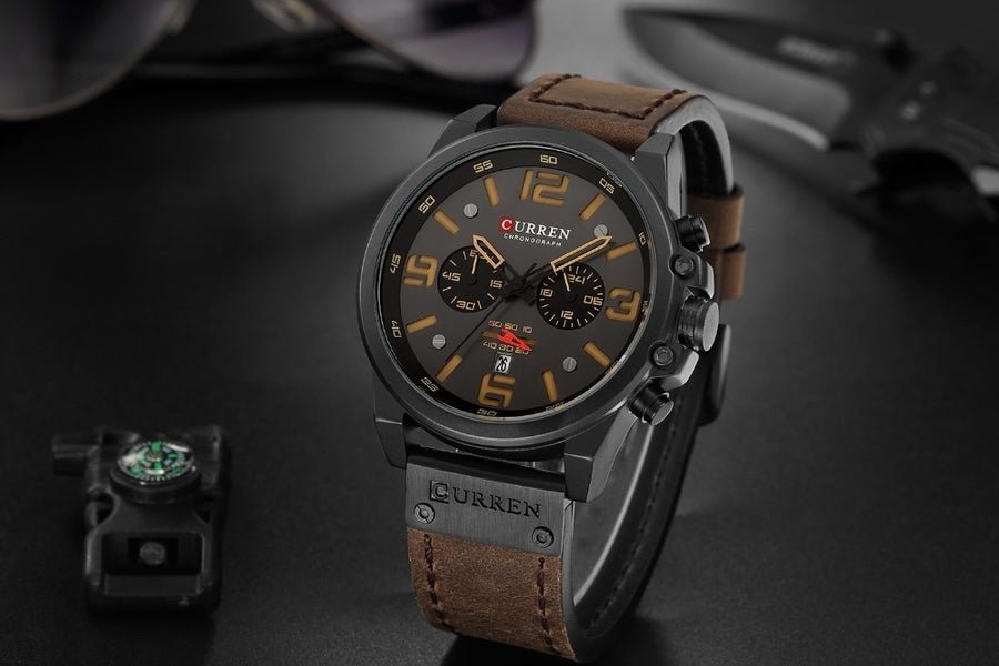 CURREN men's chronograph watch, blue dial with rose gold accents, blue stainless steel bracelet