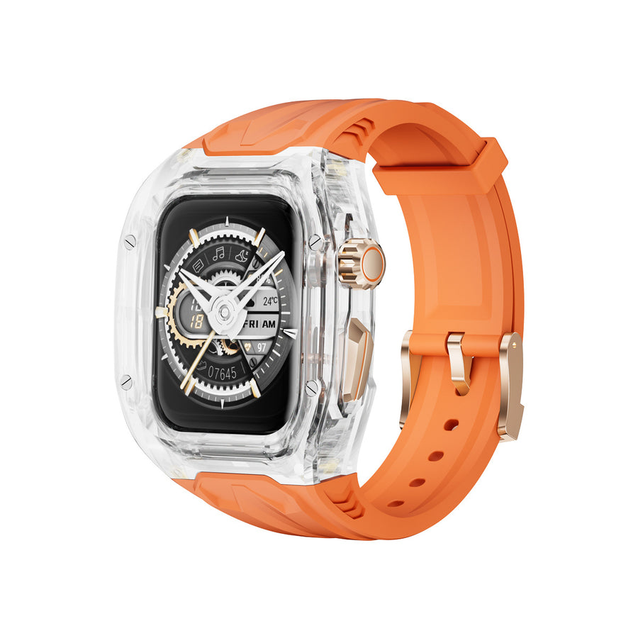 Clear transparent Apple Watch case with orange silicone strap, front and side dimension diagram on white background