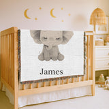 Personalized Elephant Woven Blanket Custom Baby Name Blanket Nursery Decor Keepsake Gift Baby Shower Gift