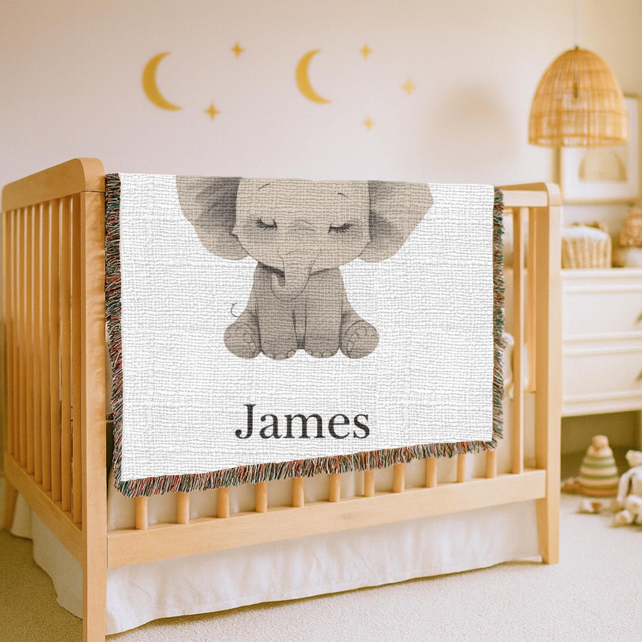 Personalized Elephant Woven Blanket Custom Baby Name Blanket Nursery Decor Keepsake Gift Baby Shower Gift