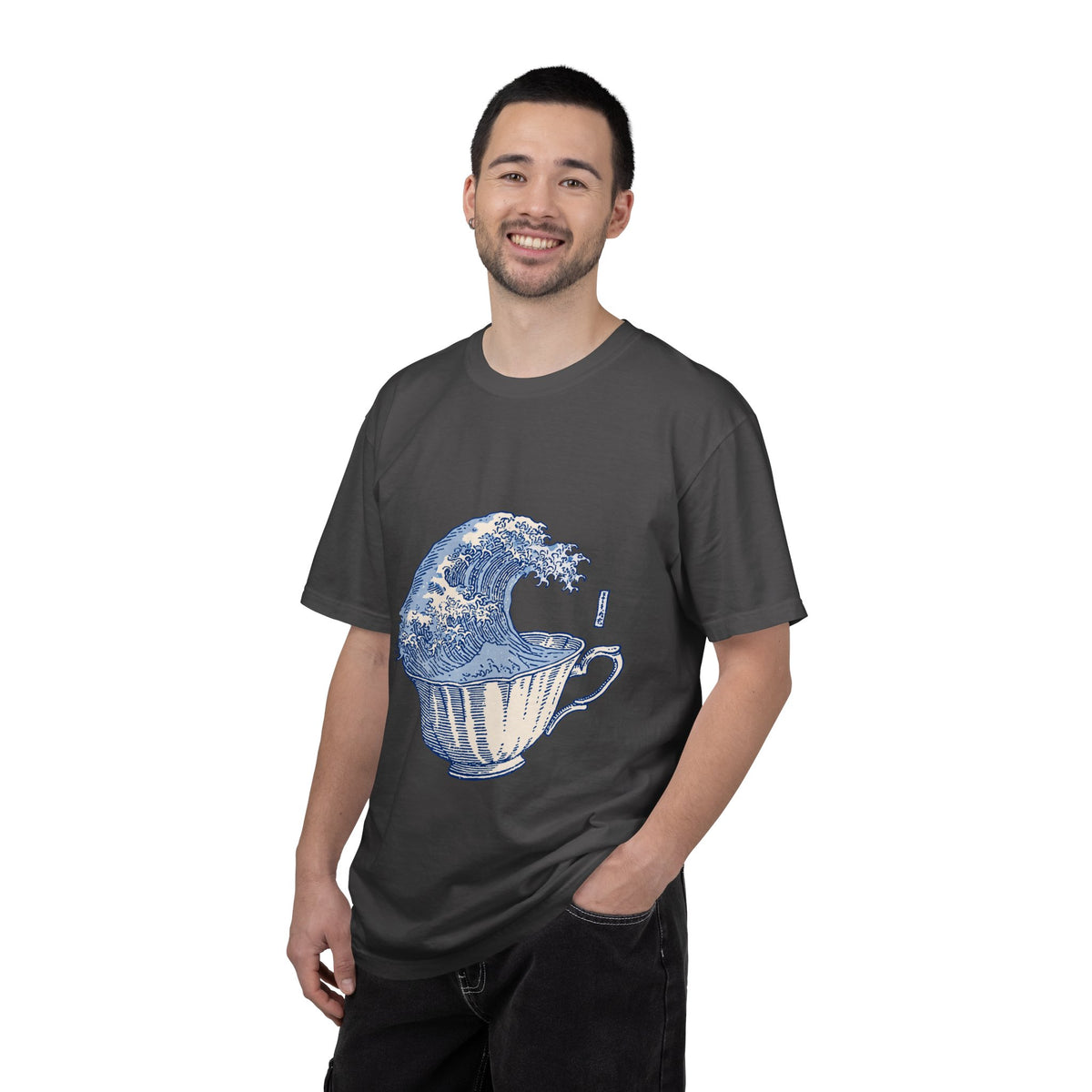 Great Wave Teacup Shirt, Japanese Art Inspired Ocean Graphic, Gift for Tea Lovers and Coastal Art Fans, Casual Cafe Weekend Outfit