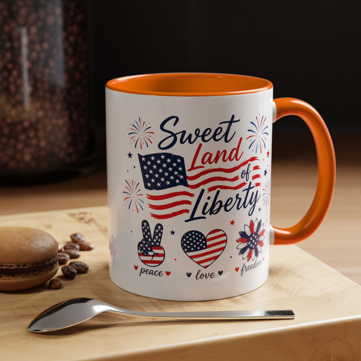 Sweet Land of Liberty Coffee Mug, Patriotic Fourth of July Mug, American Flag Heart Freedom Cup, USA Pride Gift for Women