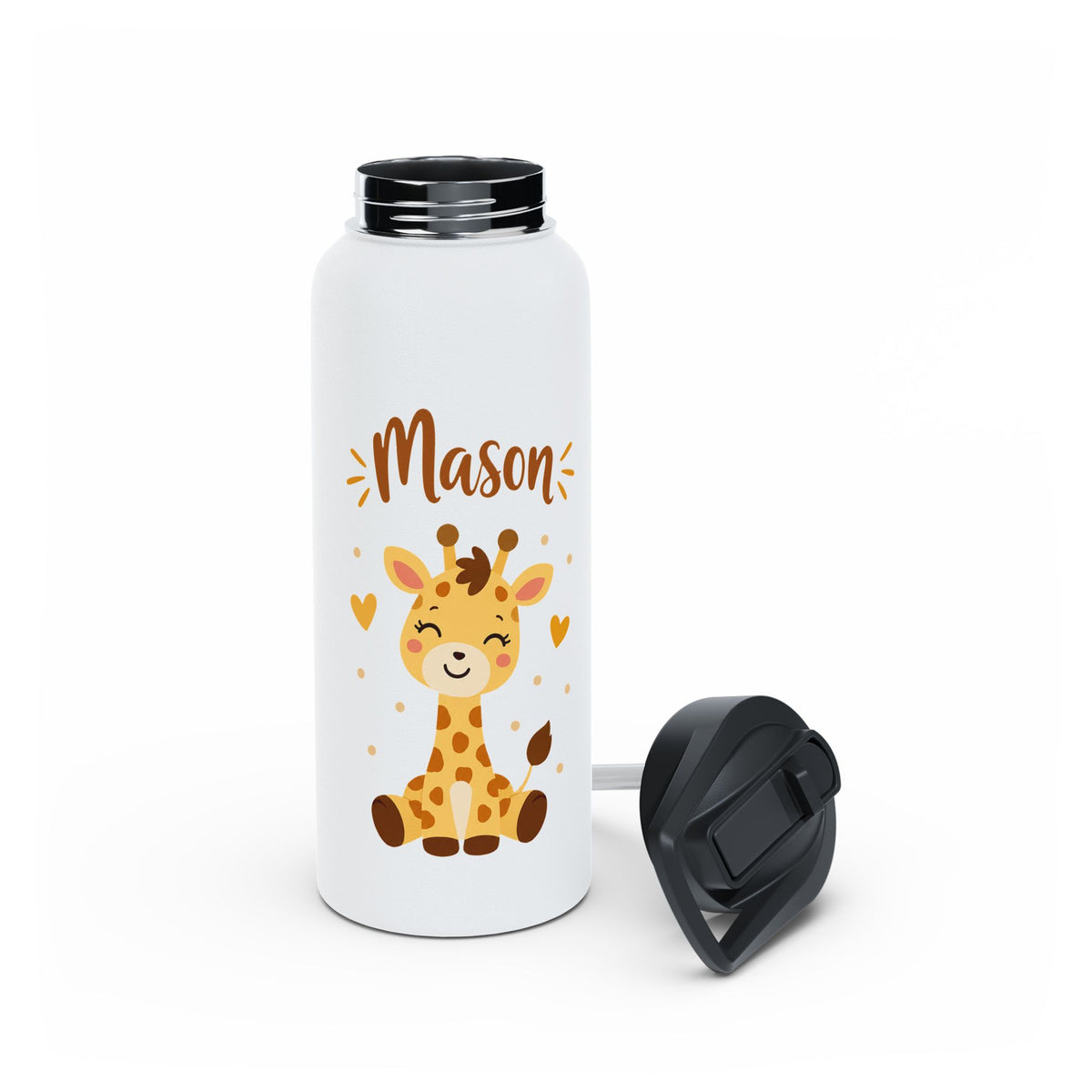 Giraffe Personalized Water Bottle, Custom Name Drink Bottle, Cute Animal Gift, School Water Bottle, Birthday Present, Reusable Kids Bottle