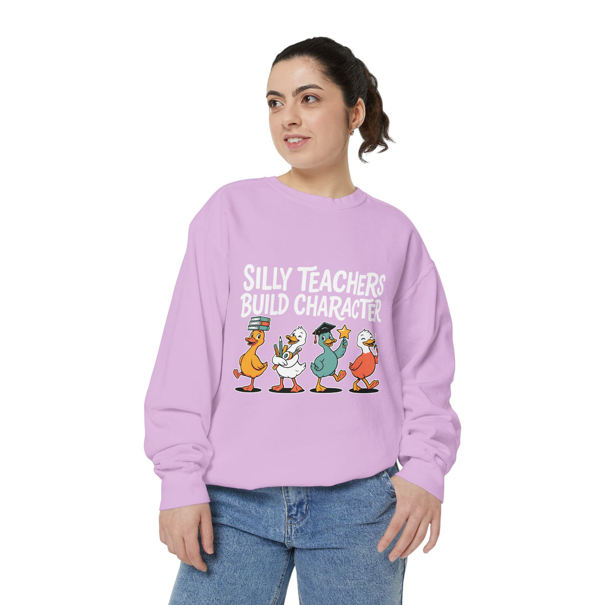 Funny Teacher Comfort Colors Sweatshirt, Silly Teachers Build Character Graphic Sweatshirt, Teacher Appreciation Gift for Educators