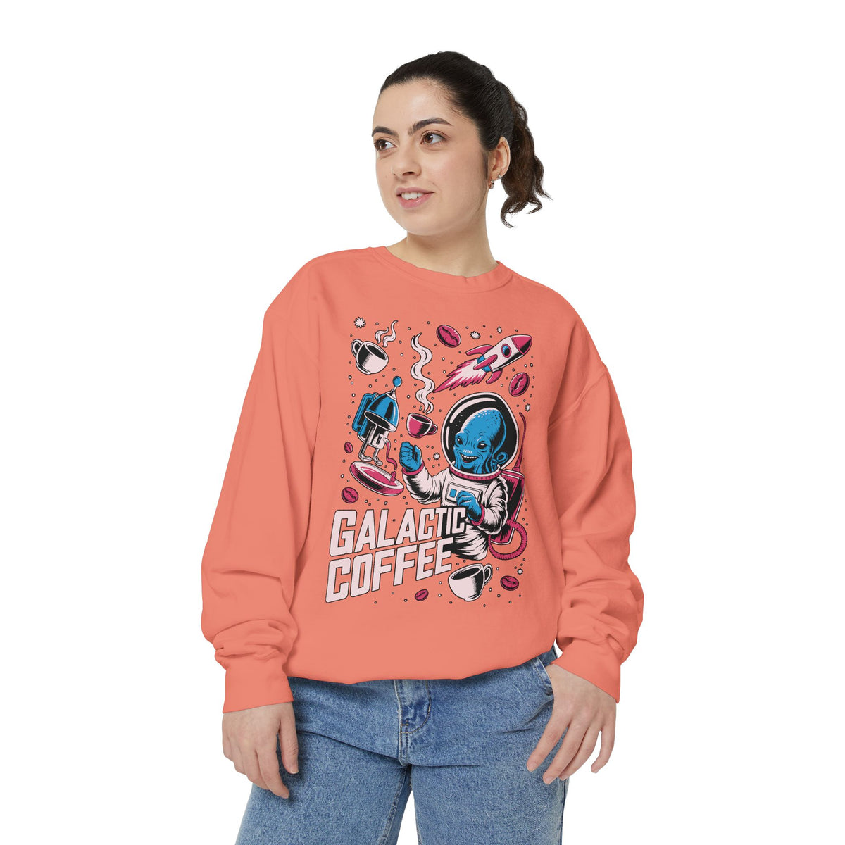 Galactic Coffee Comfort Colors Sweatshirt, Funny Alien Coffee Lover Shirt, Space Nerd Sweatshirt, Sci Fi Gift for Coffee Fans