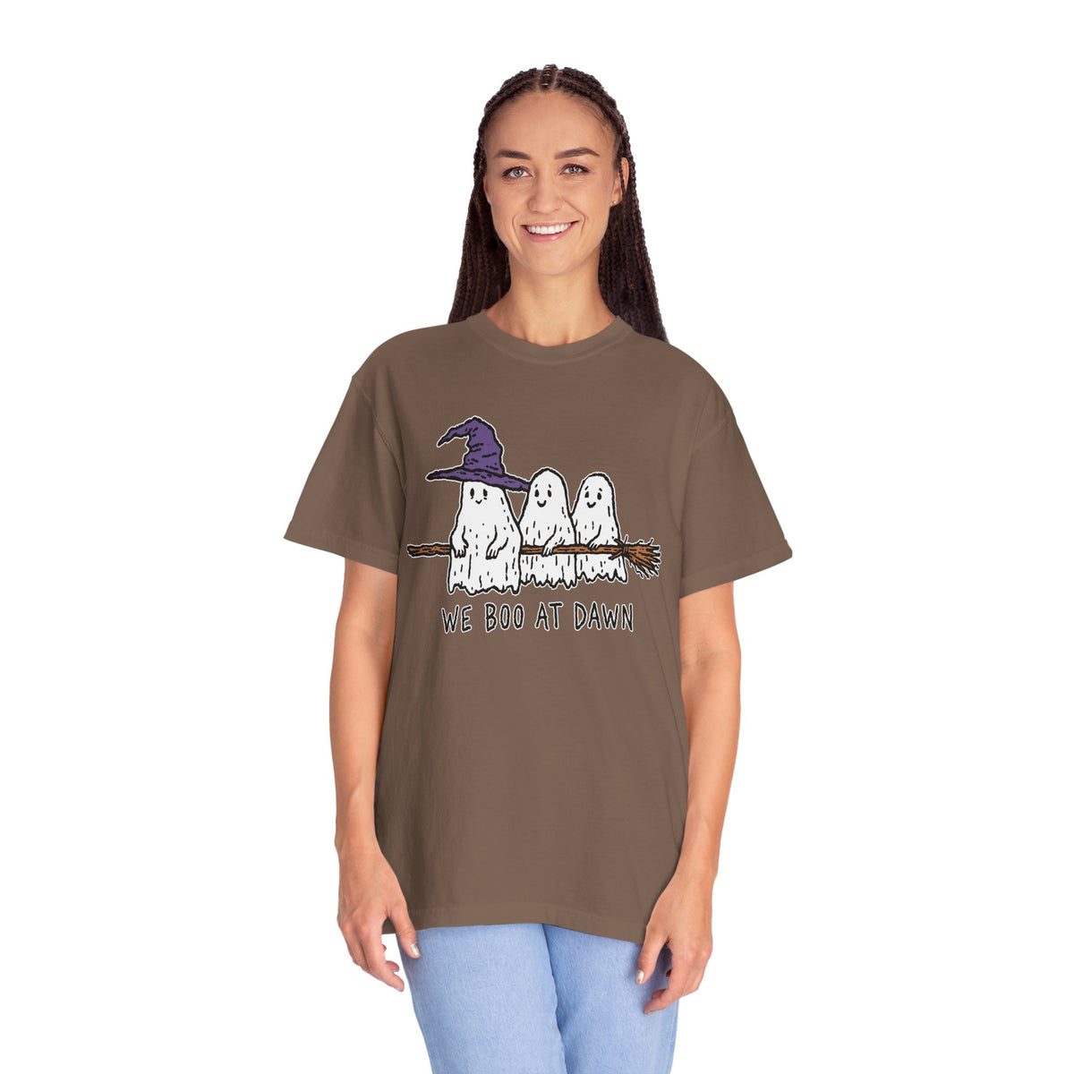 We Boo at Dawn Ghost Shirt, Funny Halloween Witch Broom Graphic Tee, Cute Spooky Season Gift for Friends and Ghost Lovers, October Outfit