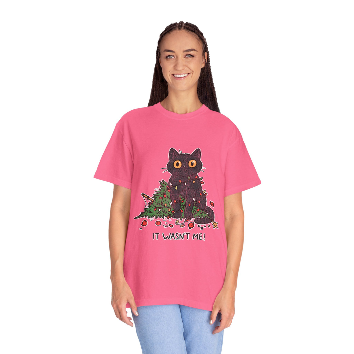 It Wasn't Me Black Cat Christmas Shirt, Funny Holiday T-Shirt, Mischievous Kitty Lights Tee, Gift for Cat Mom, Cat Dad, Christmas Party Top