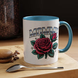 Mommy Coffee Mug, Pink Rose and Teal Leaf Design with Silver Look Lettering, Mother's Day Gift for Mom or a Floral Birthday Present for Her