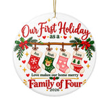 Personalized Family of Four Christmas Ornament, Our First Holiday with Custom Names on Stockings, Keepsake Gift for Parents and New Families