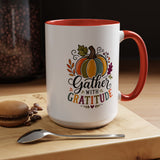 Gather With Gratitude Mug, Colorful Pumpkin Thanksgiving Coffee Cup, Cozy Fall Hostess Gift, Autumn Kitchen and Harvest Decor