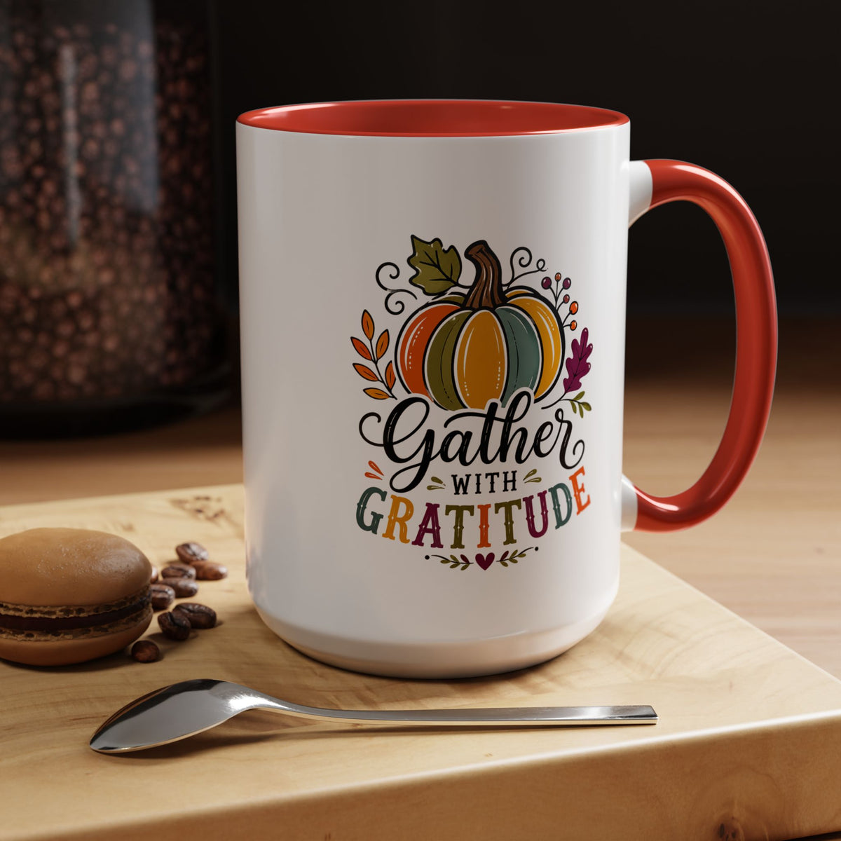 Gather With Gratitude Mug, Colorful Pumpkin Thanksgiving Coffee Cup, Cozy Fall Hostess Gift, Autumn Kitchen and Harvest Decor
