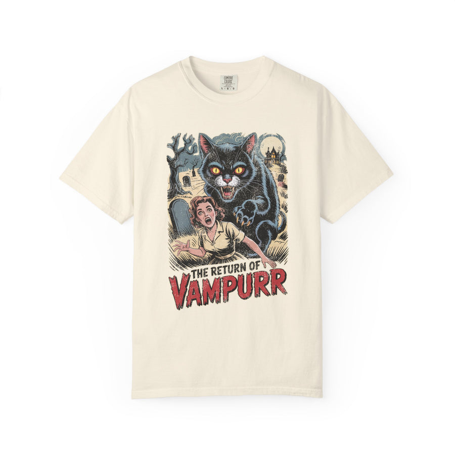 Black Cat Halloween Shirt, The Return of Vampurr Retro Horror T-Shirt, Funny Spooky Cat Gift for Cat Mom and Vintage Movie Fans Alike