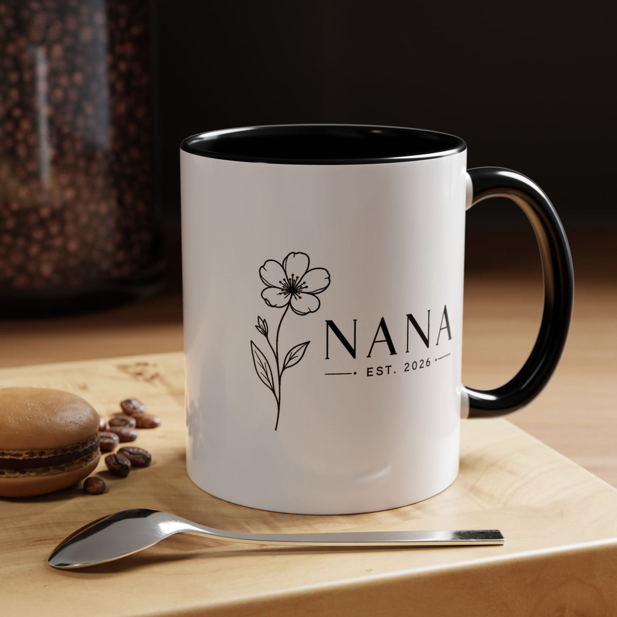 Personalized Name Mug, Floral Black Accent Coffee Cup with Custom Established Year, Grandmother Gift for Birthday, Mother's Day or Christmas
