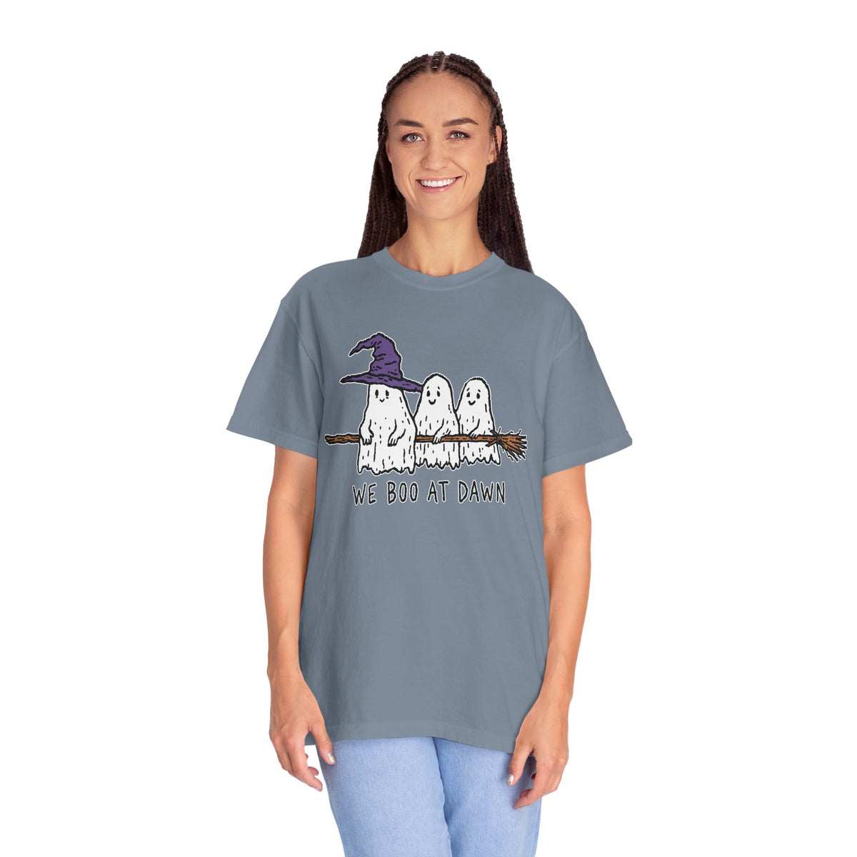 We Boo at Dawn Ghost Shirt, Funny Halloween Witch Broom Graphic Tee, Cute Spooky Season Gift for Friends and Ghost Lovers, October Outfit
