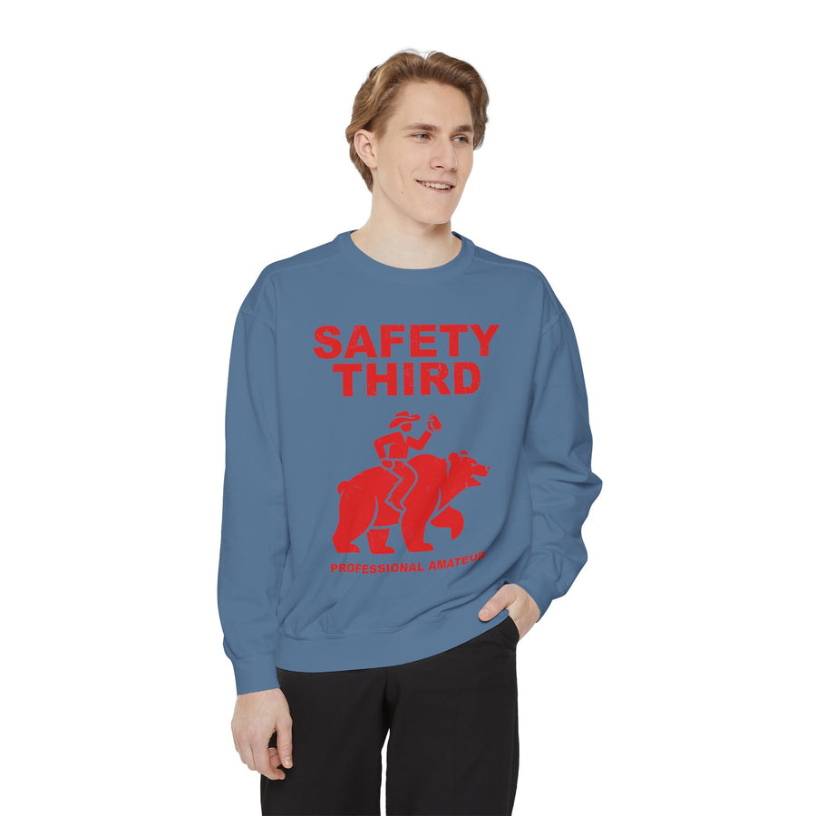 Safety Third Comfort Colors Sweatshirt, Funny Outdoor Adventure Sweatshirt, Professional Amateur Gift, Bear Riding Graphic Crewneck