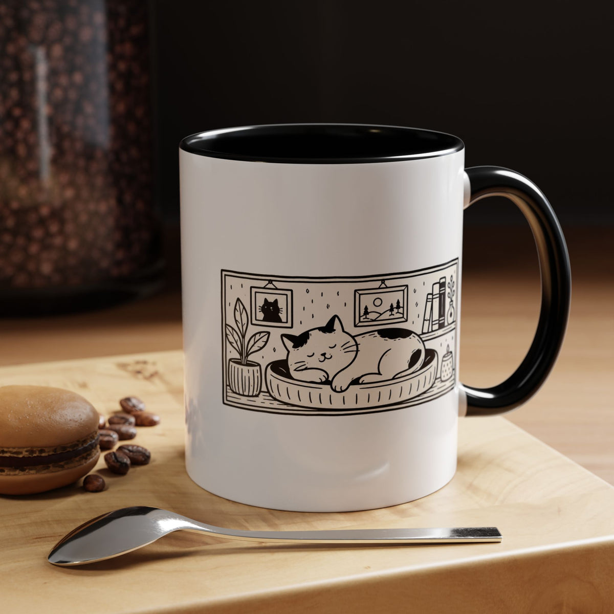 Sleeping Cat Mug, Minimalist Black and White Coffee Cup, Cozy Cat Lover Gift, Modern Kitchen Decor, Birthday Present for Her or Mom