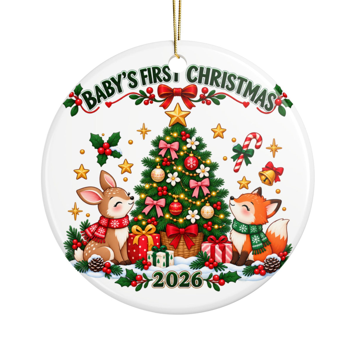 Baby First Christmas Ornament 2026, Woodland Deer and Fox Keepsake with Decorated Tree, Newborn Holiday Gift for Parents and Grandparents