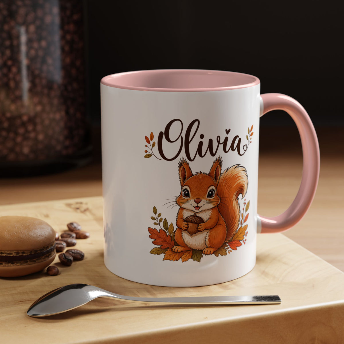 Personalized Squirrel Mug with Name, Autumn Woodland Coffee Cup, Cute Fall Animal Gift for Daughter, Nature Lover Birthday Keepsake