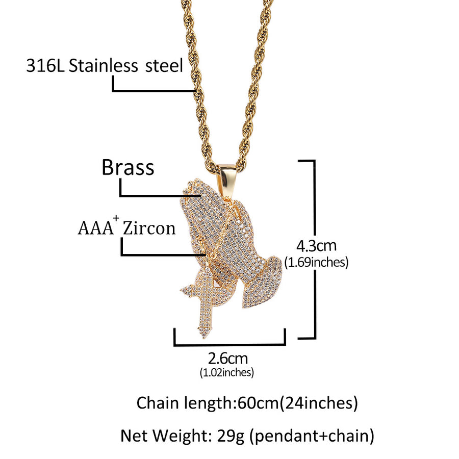 Full diamond hand cross pendant necklace European and American retro hip-hop rap popular accessory