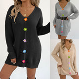 Lady Deep V Neck Sexy Knit Sweater with Hand-Crocheted Flower Splicing Layering Dress (Without Belt)