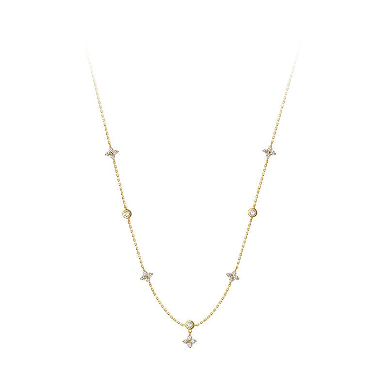 S925 Silver Summer Temperament Diamond Four Leaf Flower Necklace Retro Korean Female Clavicle Chain
