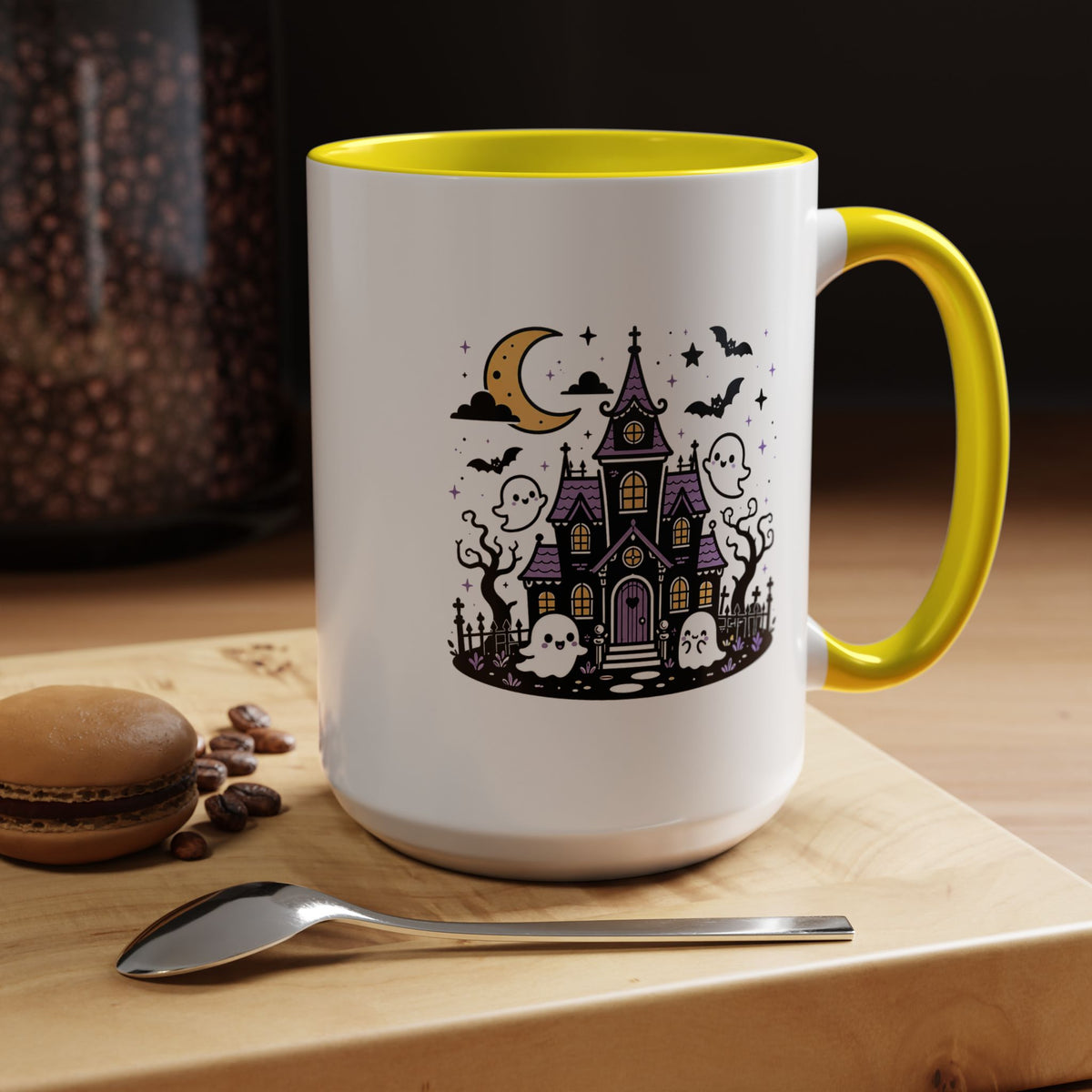 Cute Haunted House Mug, Kawaii Ghost Halloween Coffee Cup, Spooky Season Gift for Her, Purple Witchy Decor, Cozy Fall Birthday Present