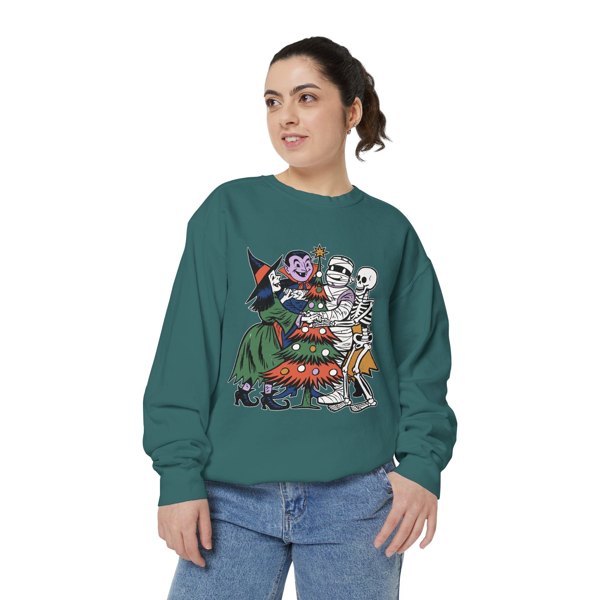 Spooky Christmas Sweatshirt, Halloween Holiday Mashup Crewneck, Witch Vampire Mummy Skeleton Pullover, Gothic Xmas Gift for Horror Fan