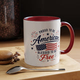 Proud to Be American Coffee Mug with US Flag, Patriotic 4th of July Gift for Veterans, Blessed to Be Free Red White and Blue Tea Cup