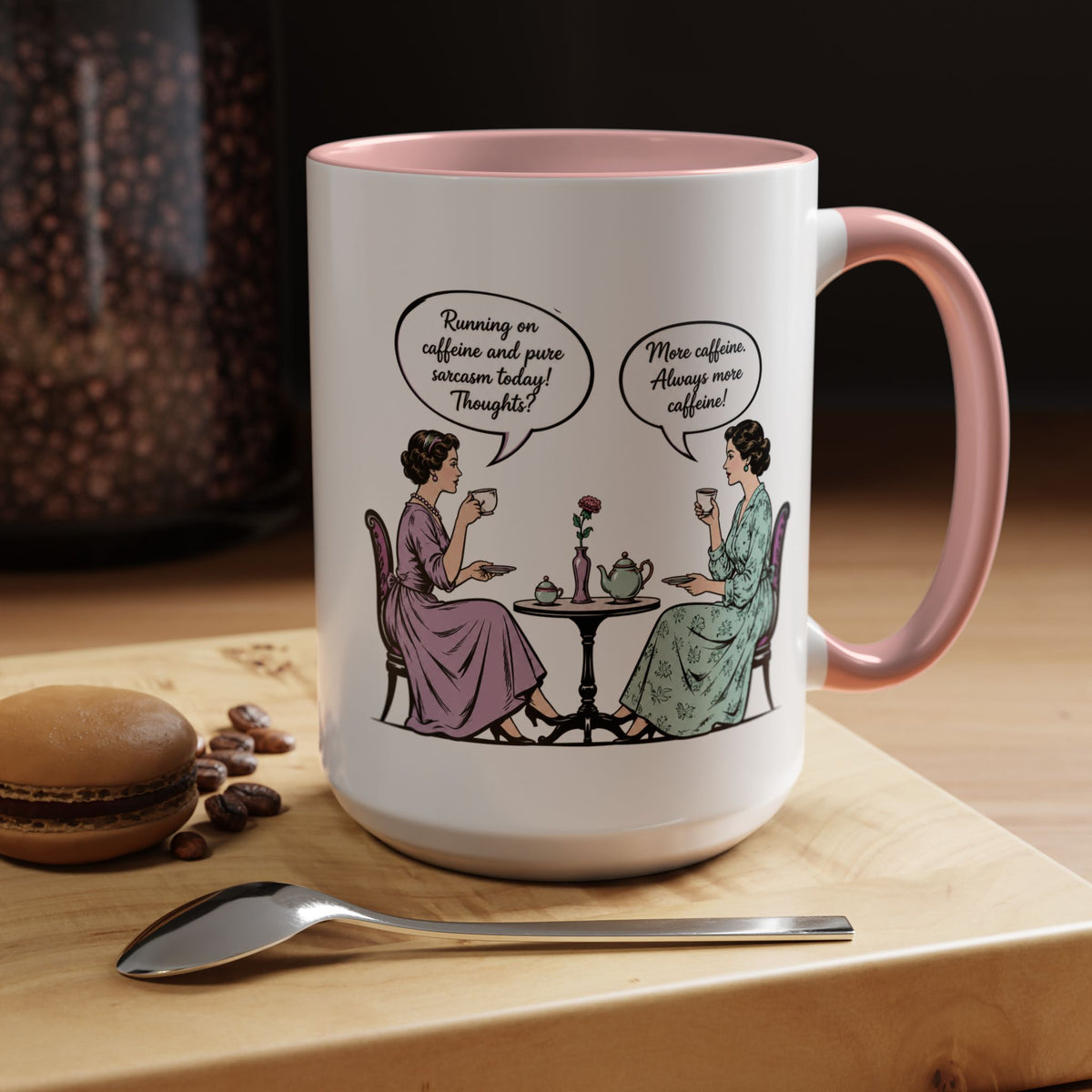 Funny Coffee Lovers Mug, Running on Caffeine and Pure Sarcasm Mug, Vintage Tea Party Coffee Cup, Best Friend Coffee Gift