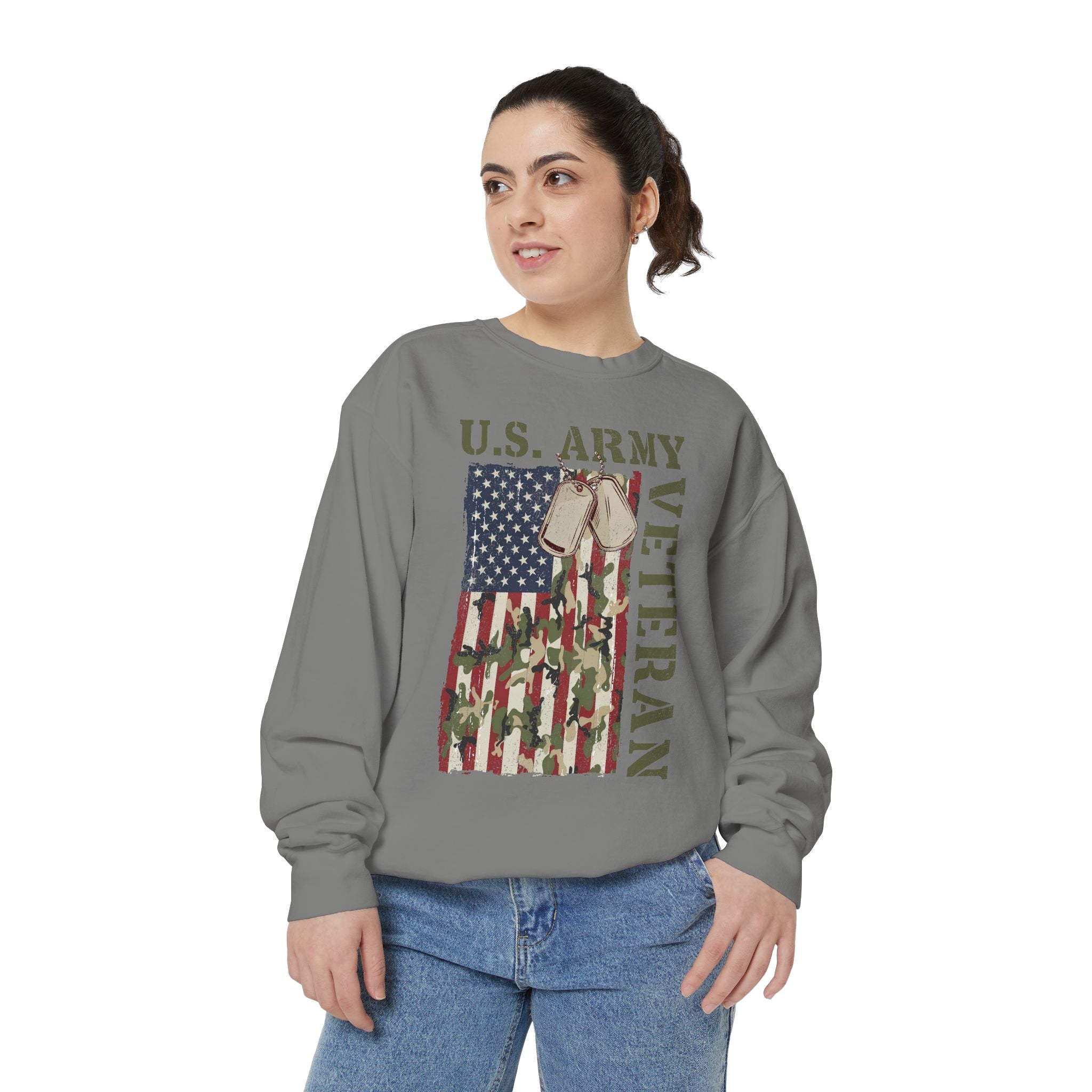 US Army Veteran Sweatshirt, American Flag Camo Crewneck, Military Dog Tag Pullover, Patriotic Soldier Gift, Retirement or Veterans Day Top