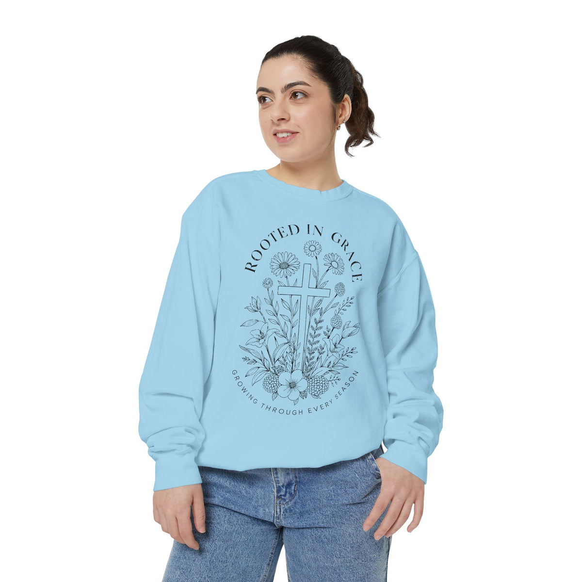 Rooted in Grace Comfort Colors Sweatshirt, Christian Floral Cross Sweatshirt, Faith Based Gift for Women, Inspirational Crewneck
