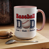 Custom Baseball Dad Coffee Mug with Kids Names, Personalized Sports Father's Day Gift, Cute Team Coach Appreciation Ceramic Tea Cup