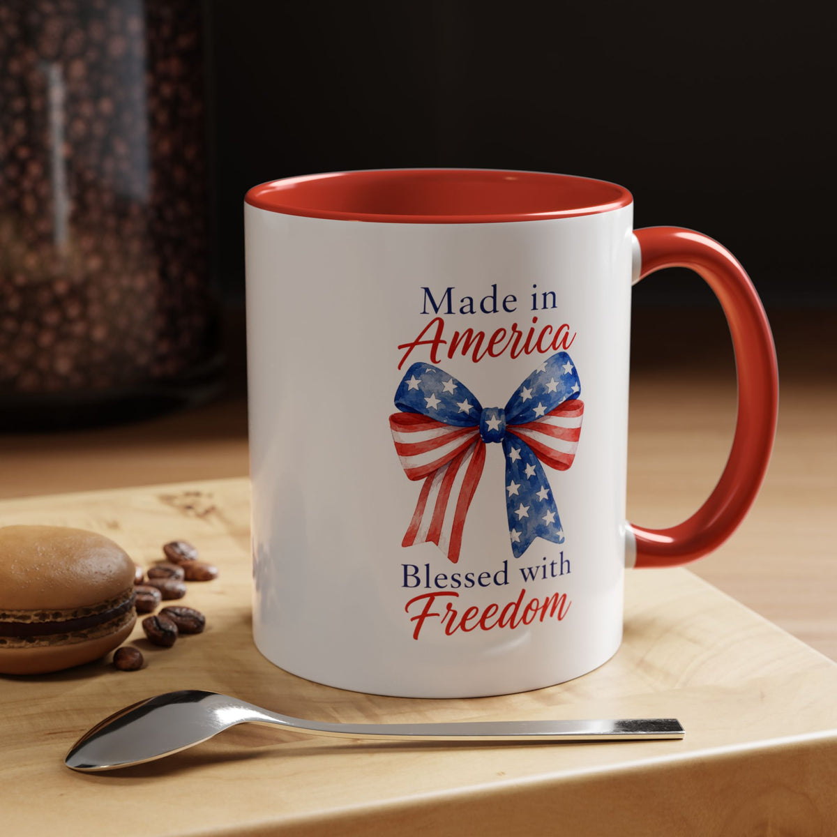 Made in America Blessed with Freedom Mug, Patriotic American Flag Bow Coffee Mug, USA Pride Gift for Women, Fourth of July Cup