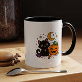 Cute Black Cat Halloween Mug, Pumpkin and Moon Coffee Cup, Spooky Season Gift for Cat Lover, Fall Birthday Present, Witchy Fall Decor