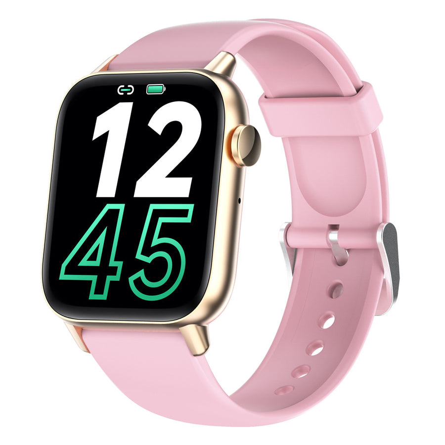 DM15 smartwatch with black silicone band, angled view showing heart rate chart and daily stats