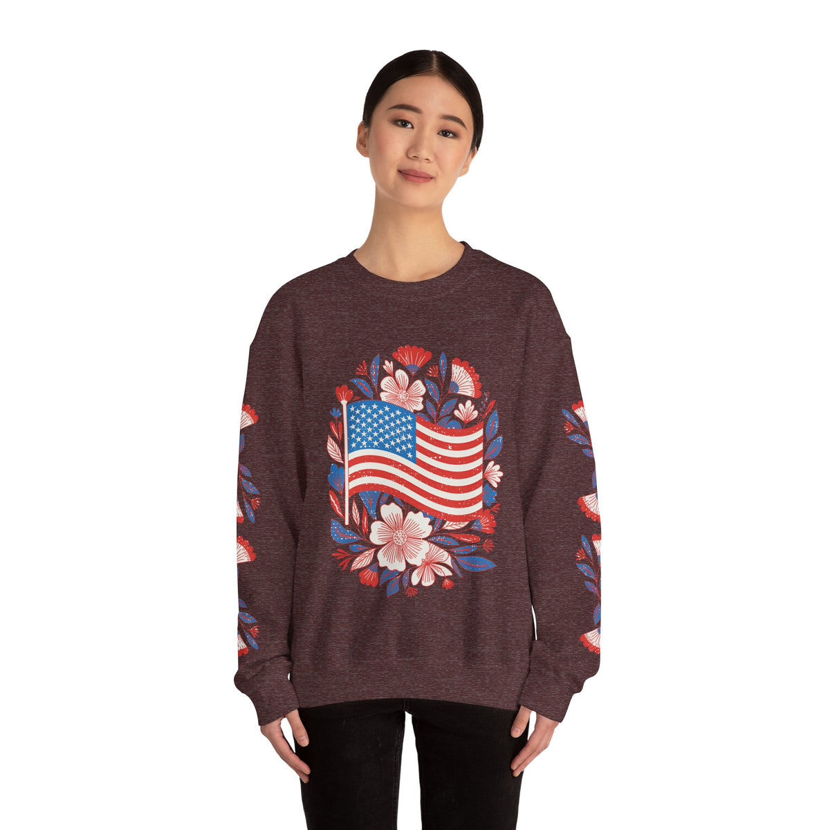 Floral American Flag Sweatshirt, Patriotic USA Pullover, Red White Blue Flower Top, Fourth of July Outfit, Americana Gift for Women