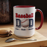 Custom Baseball Dad Coffee Mug with Kids Names, Personalized Sports Father's Day Gift, Cute Team Coach Appreciation Ceramic Tea Cup