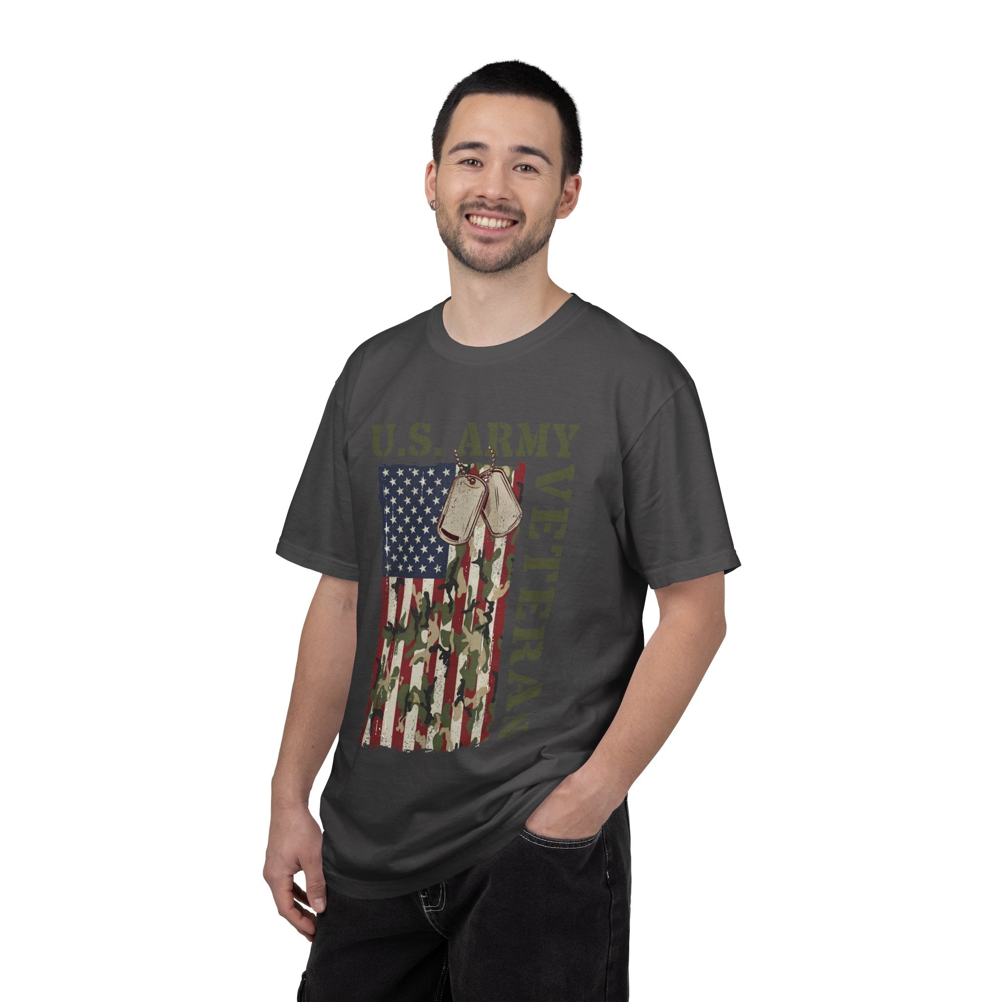 US Army Veteran Shirt, American Flag Camo T-Shirt, Military Dog Tag Tee, Patriotic Gift for Soldier, Retirement or Veterans Day Top