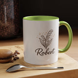 Personalized Name Mug, Lily of the Valley Black Accent Coffee Cup, Unique Custom Name Gift for Him, Dad, Grandpa, Birthday or Memorial