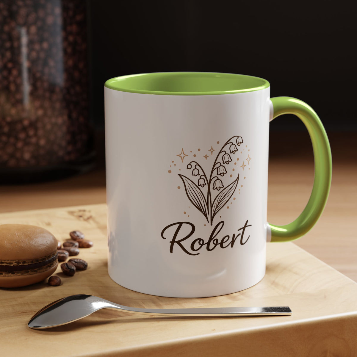 Personalized Name Mug, Lily of the Valley Black Accent Coffee Cup, Unique Custom Name Gift for Him, Dad, Grandpa, Birthday or Memorial