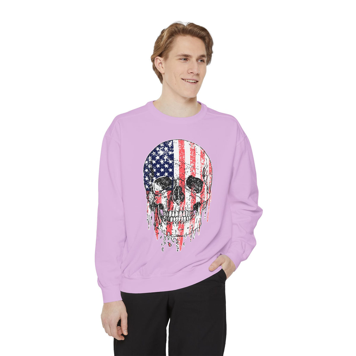 American Flag Skull Sweatshirt, Distressed Patriotic Graphic for Biker Outfits, Fourth of July Style, Birthday Gift for Skull Art Lovers