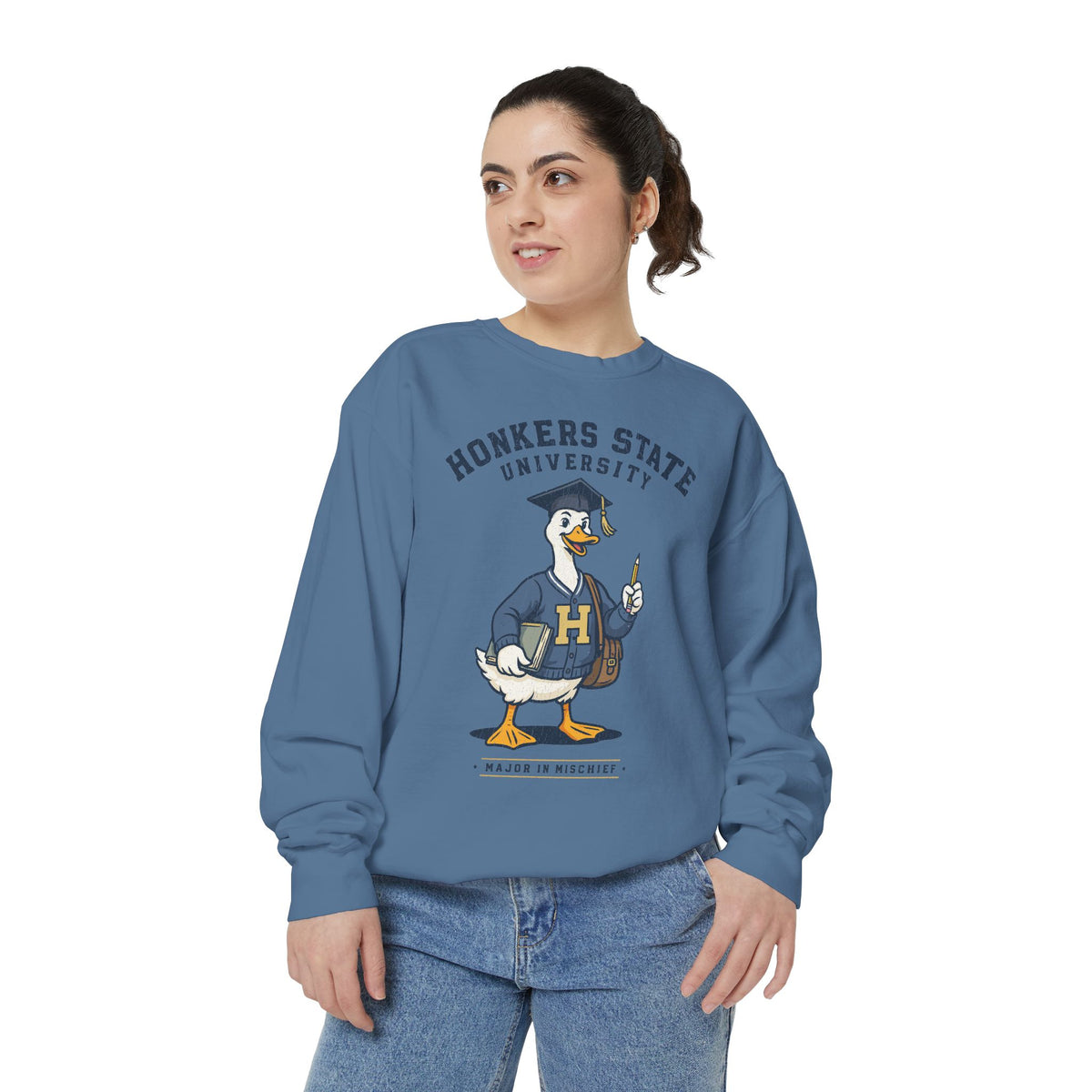 Honkers State University Sweatshirt, Funny Goose Graduate Crewneck, Major in Mischief College Student Gift, Graduation Campus Pullover