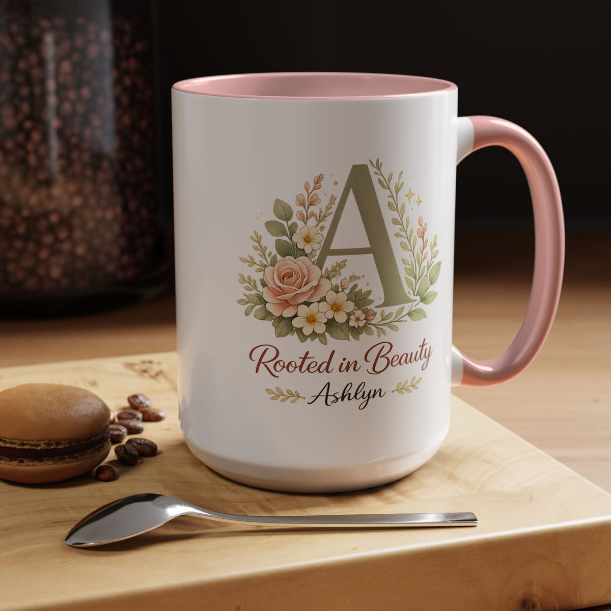 Personalized Floral Initial Mug, Custom Name Coffee Mug with Monogram Letter, Rooted in Beauty Gift for Women, Botanical Birthday Cup