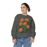 Orange Daisy Graphic Sweatshirt, Retro Floral Pullover for Flower Lovers, Groovy Botanical Top, Cheerful Garden Gift for Women